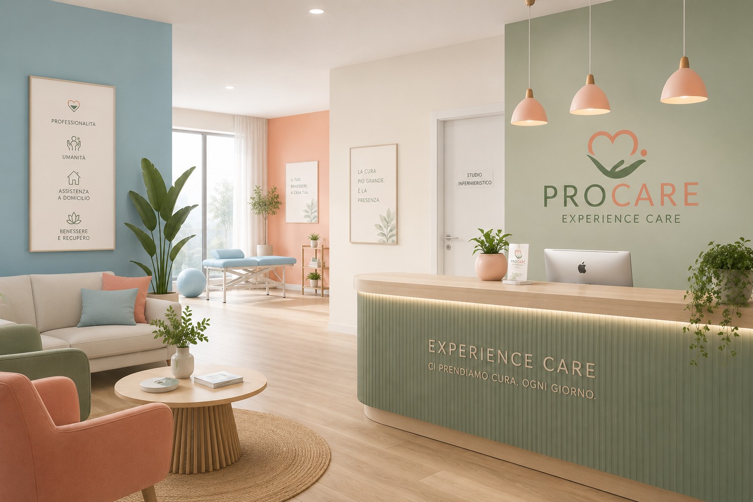 Render della futura sede ProCare Experience Care, sala d'attesa accogliente con reception